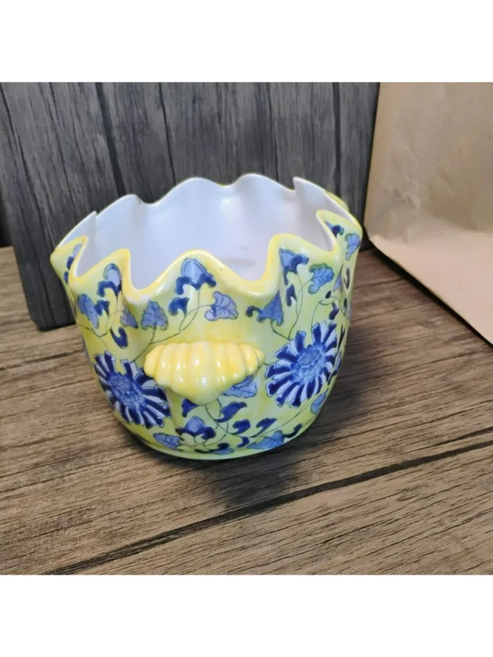 Vintage Andrea by Sadek Chinoiserie Footbath Bowl, Yellow Blue Porcelain Planter